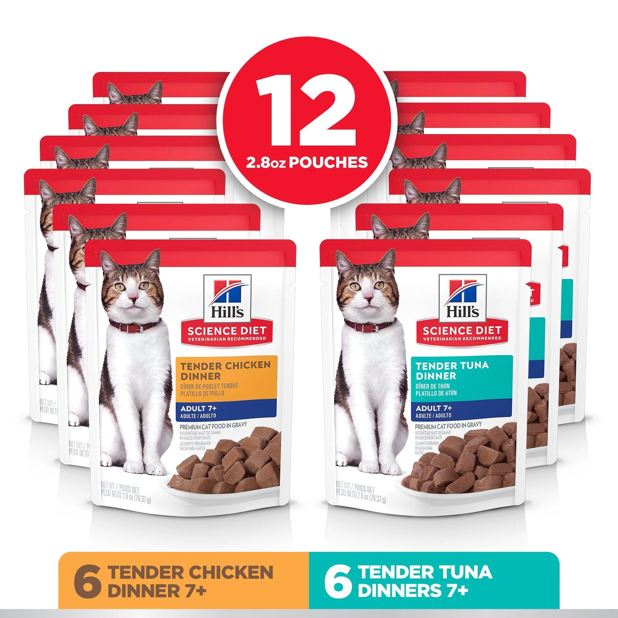 Hill's Science Diet Senior 7+ Wet Cat Food Pouch Variety Pack, Chicken and Tuna 79g pouch