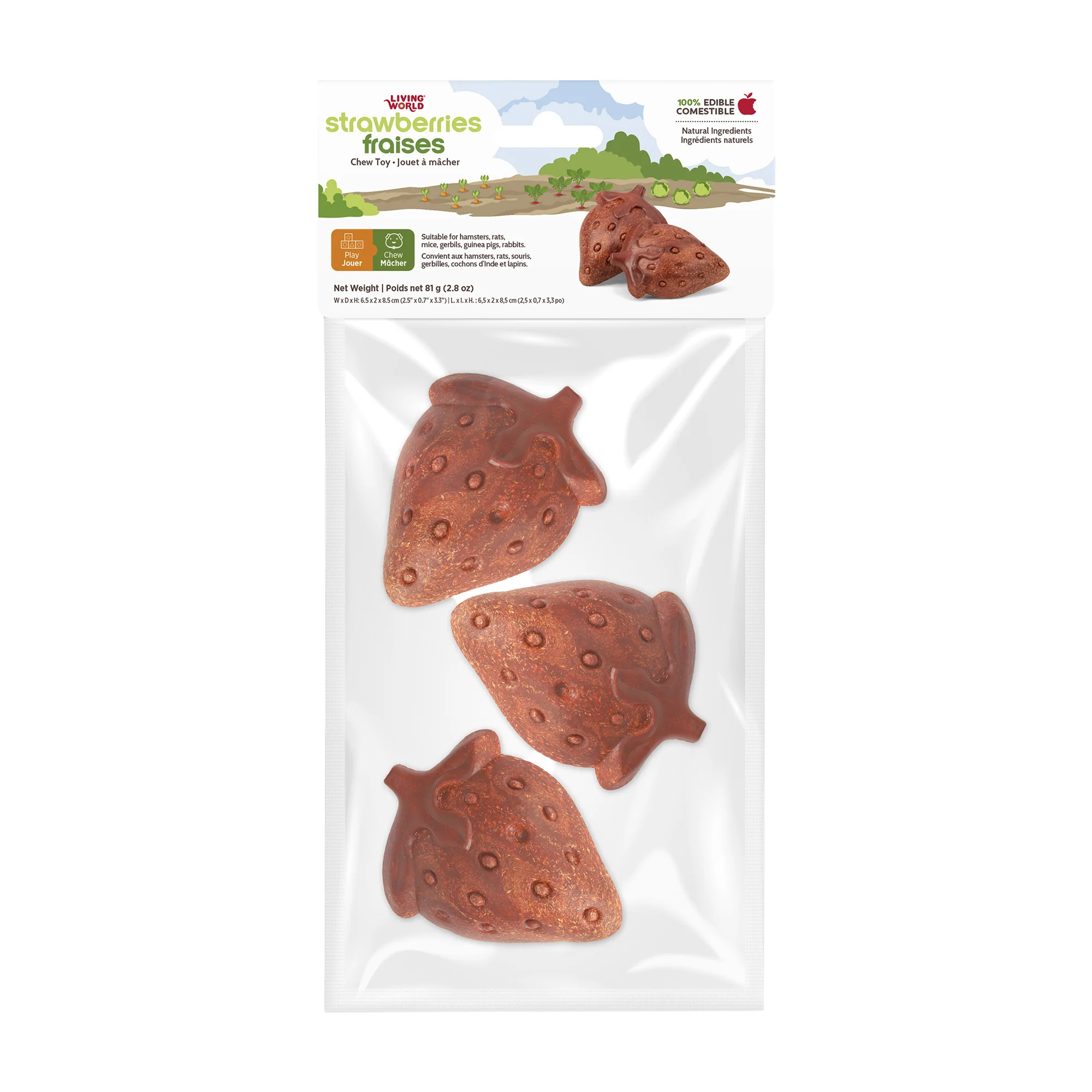 Living World Edible Strawberries Chew Toy for Small Animals - 3 Pack