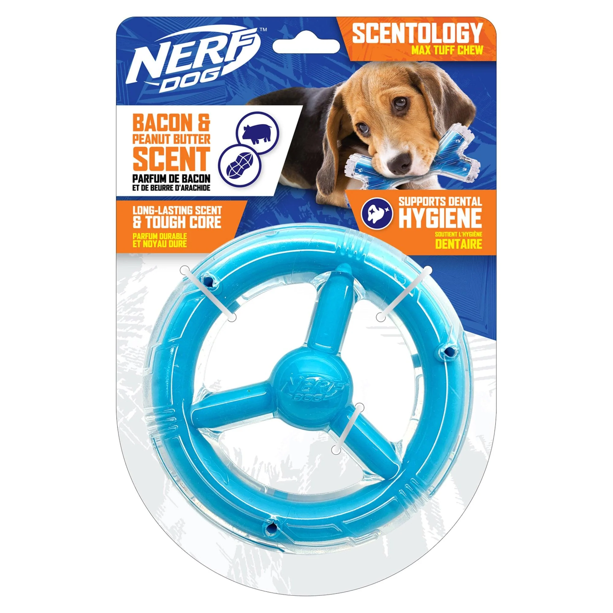 Nerf Scentology Dog Toy Bacon & Peanut Butter Scented Blue Orbit Ring - Image 2
